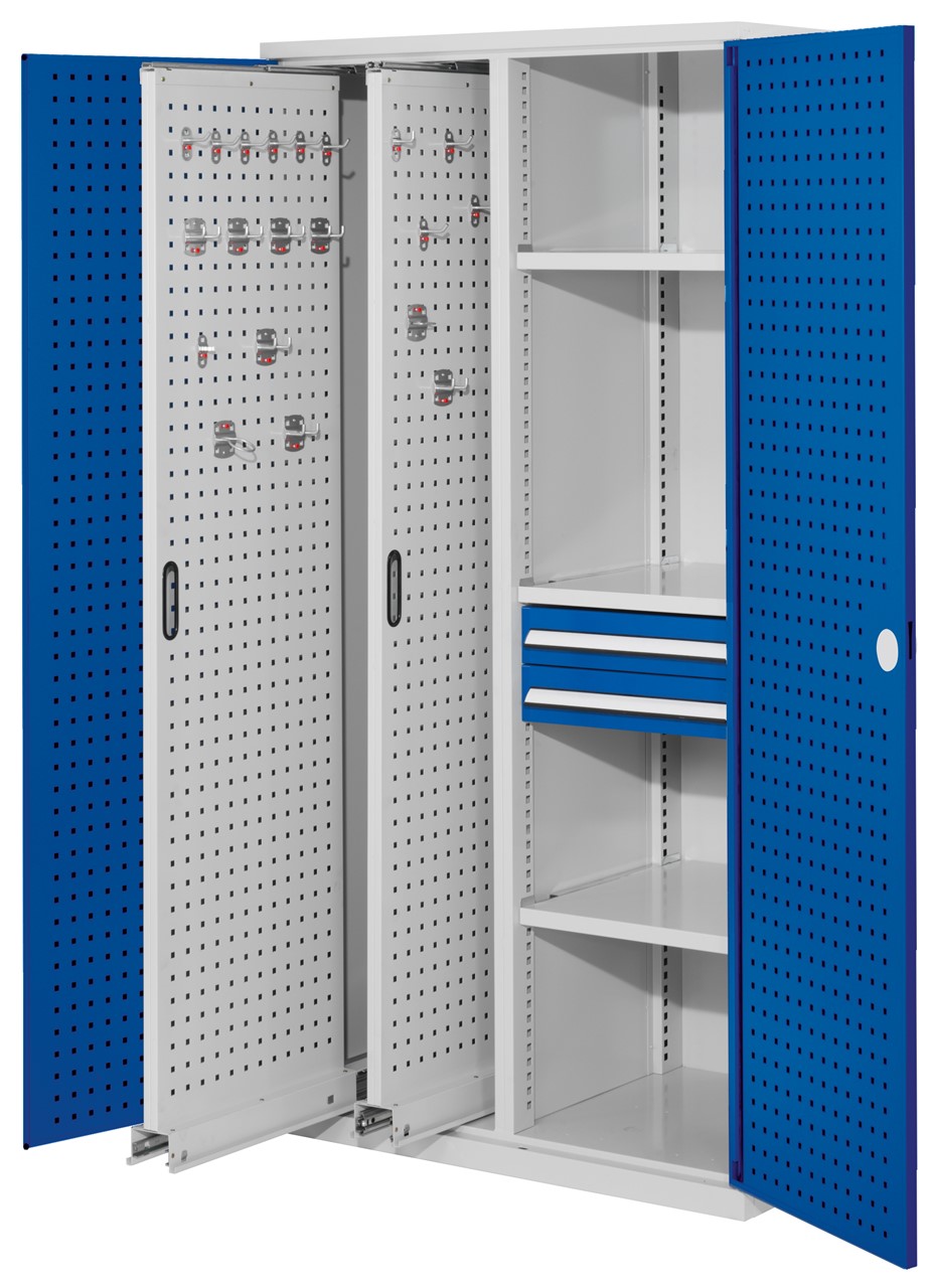 Vertikalschrank 1950x1000x600 mm HxBxT, 2 Auszüge, 3 Fachböden Breite 500 mm, 2 Schublade Höhe 100x Breite 500 mm, Korpus RAL 7035 lichtgrau, Türen RAL 5010 enzianblau