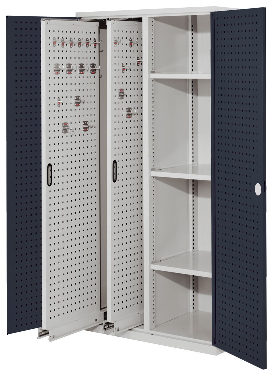 Vertikalschrank 1950x1000x600 mm HxBxT, 2 Auszüge, 3 Fachböden Breite 500 mm, Korpus RAL 7035 lichtgrau, Türen RAL 7016 anthrazitgrau