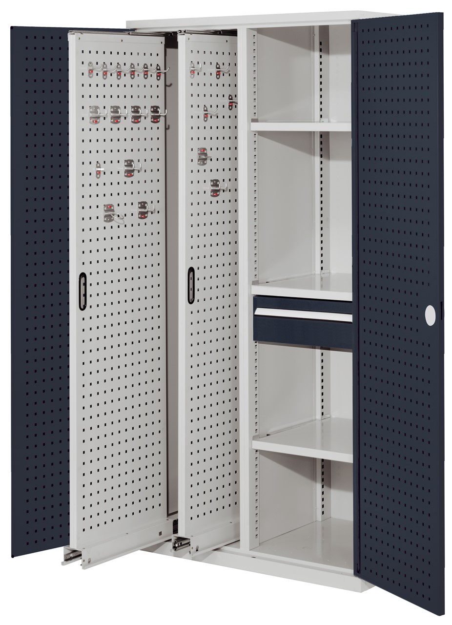 Vertikalschrank 1950x1000x600 mm HxBxT, 2 Auszüge, 3 Fachböden Breite 500 mm, 1 Schublade Höhe 175x Breite 500 mm, Korpus RAL 7035 lichtgrau, Türen RAL 7016 anthrazitgrau