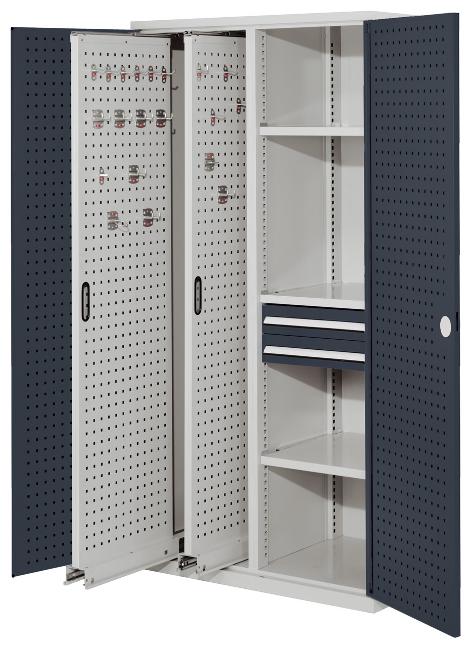 Vertikalschrank 1950x1000x600 mm HxBxT, 2 Auszüge, 3 Fachböden Breite 500 mm, 2 Schublade Höhe 100x Breite 500 mm, Korpus RAL 7035 lichtgrau, Türen RAL 7016 anthrazitgrau