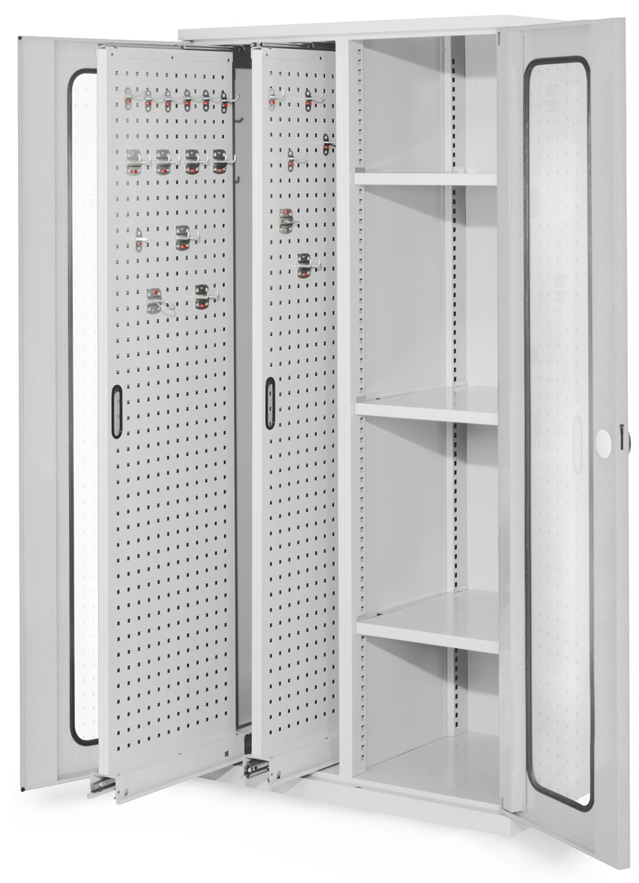 Vertikalschrank 1950x1000x600 mm HxBxT, 2 Auszüge, 3 Fachböden Breite 500 mm, Korpus RAL 7035 lichtgrau, Türen RAL 7035 lichtgrau