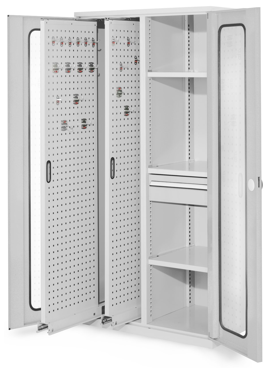 Vertikalschrank 1950x1000x600 mm HxBxT, 2 Auszüge, 3 Fachböden Breite 500 mm, 1 Schublade Höhe 175x Breite 500 mm,  Korpus RAL 7035 lichtgrau, Türen RAL 7035 lichtgrau