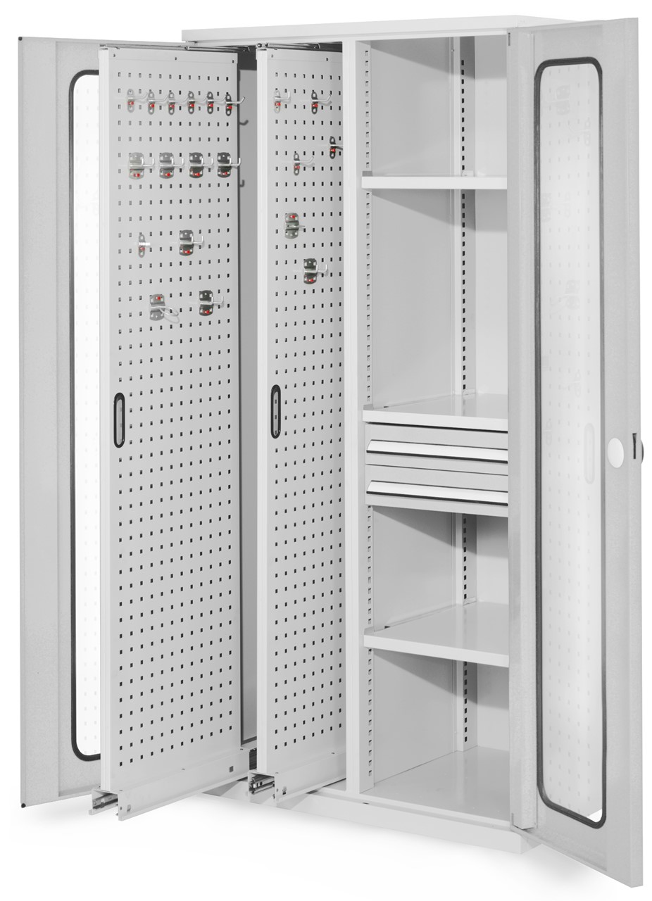 Vertikalschrank 1950x1000x600 mm HxBxT, 2 Auszüge, 3 Fachböden Breite 500 mm, 2 Schublade Höhe 100xBreite 500 mm,  Korpus RAL 7035 lichtgrau, Türen RAL 7035 lichtgrau