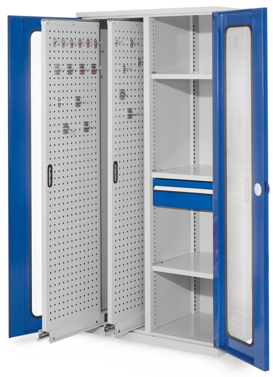 Vertikalschrank 1950x1000x600 mm HxBxT, 2 Auszüge, 3 Fachböden Breite 500 mm, 1 Schublade Höhe 175x Breite 500 mm,  Korpus RAL 7035 lichtgrau, Türen RAL 5010 enzianblau