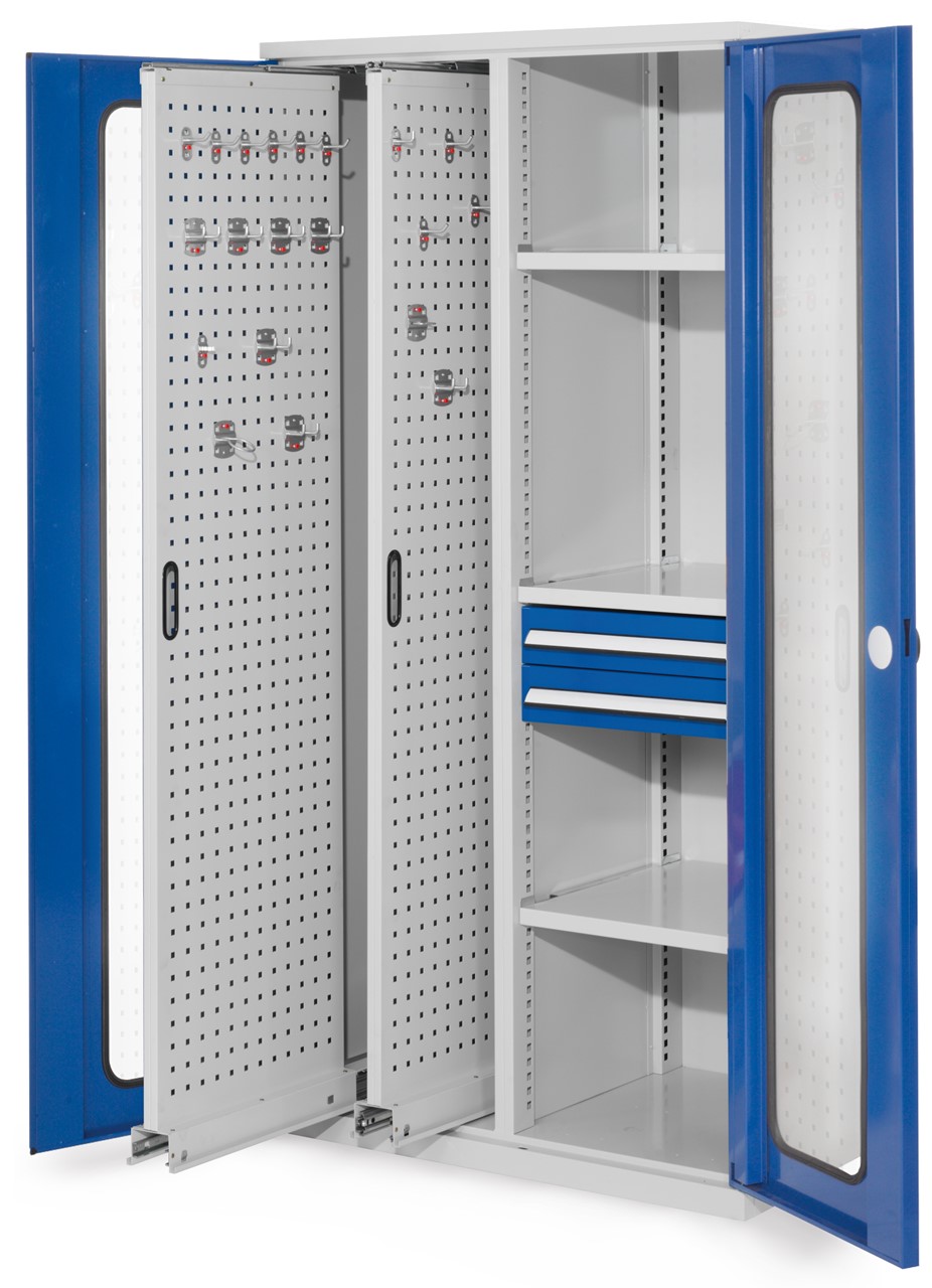 Vertikalschrank 1950x1000x600 mm HxBxT, 2 Auszüge, 3 Fachböden Breite 500 mm, 2 Schublade Höhe 100xBreite 500 mm,  Korpus RAL 7035 lichtgrau, Türen RAL 5010 enzianblau