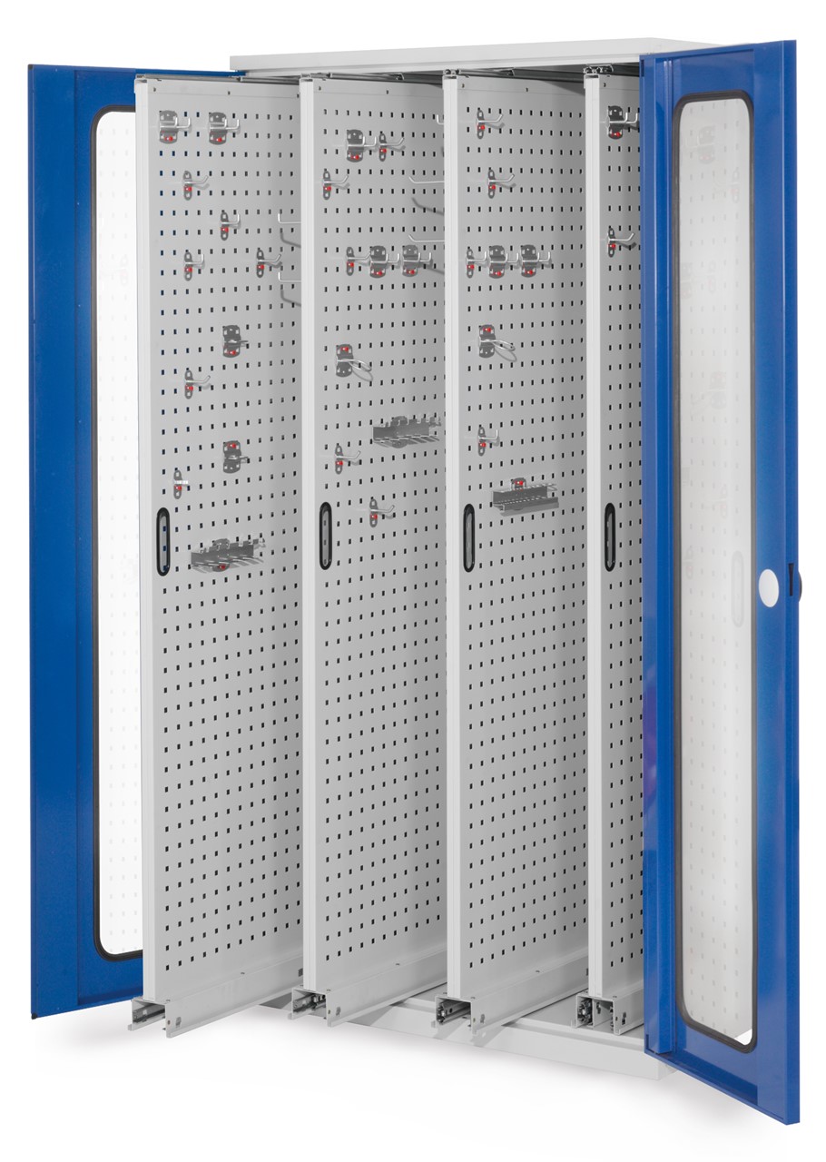 Vertikalschrank 1950x1000x600 mm HxBxT, 4 Auszüge, Korpus RAL 7035 lichtgrau, Türen RAL 5010 enzianblau