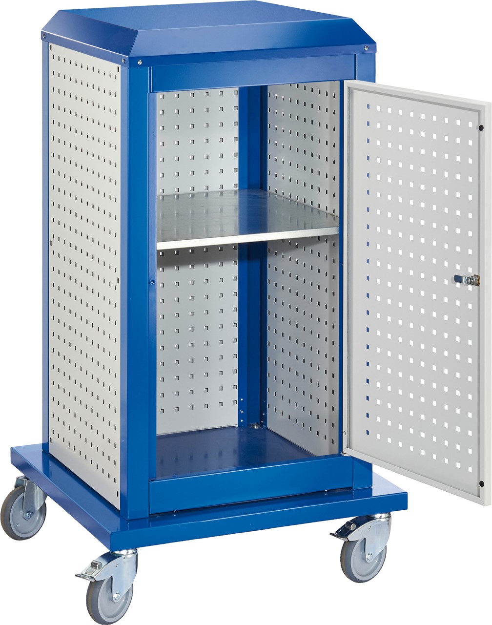 Tooltower, 1260x700x700 mm HxBxT, mit 3 aussenliegende, 2 innenliegende Lochplatten, 1 Lochplattentüre, ganze Höhe, 1 Fachboden