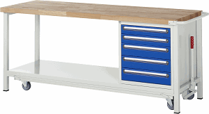 Werkbank mit absenkbarem Fahrgestell Modell 8171, B 2000xT 700xH 880mm, Buche-Massiv-Platte 40mm