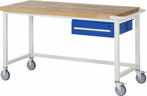 Fahrbare Werkbank Modell 8001, B 1500xT 700xH 880-1080mm, Buche-Massiv-Platte 40mm