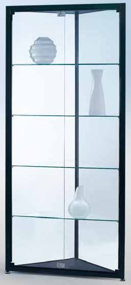 3-Eckvitrine mit Drehtüre 1820x585x585 mm HxBxT mit 1-seitige ESG-Verglasung, eckige Profile, Bodenplatte silber