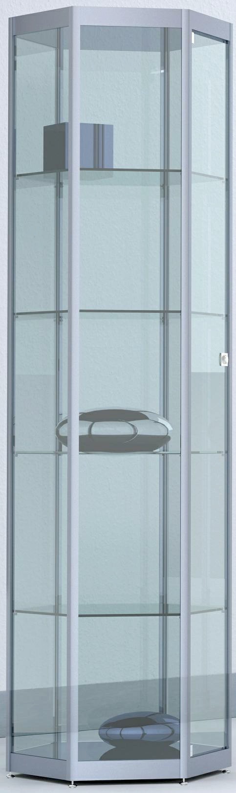 6-Eckvitrine 120° mit Drehtüre 1820x580x502 mm HxBxT mit 6-seitiger ESG-Verglasung, eckige Profile, Bodenplatte silber