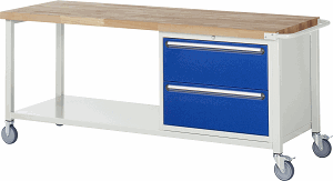 Fahrbare Werkbank Modell 8255, B 2000xT 700xH 880-1080mm, Buche-Massiv-Platte 40mm