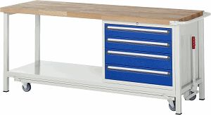 Werkbank mit absenkbarem Fahrgestell Modell 8262, B 2000xT 700xH 880mm, Buche-Massiv-Platte 40mm