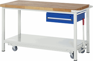 Werkbank mit absenkbarem Fahrgestell Modell 8001, B 1500xT 700xH 880mm, Buche-Massiv-Platte 40mm