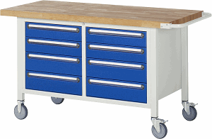 Fahrbare Werkbank Modell 8477, B 1500xT 700xH 880-1080mm, Buche-Massiv-Platte 40mm