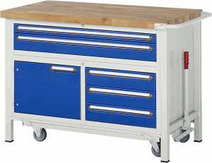 Werkbank mit absenkbarem Fahrgestell Modell 8922, B 1250xT 700xH 880mm, Buche-Massiv-Platte 40mm