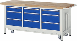 Werkbank mit absenkbarem Fahrgestell Modell 8573, B 2000xT 700xH 880mm, Buche-Massiv-Platte 40mm