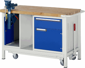 Werkbank mit absenkbarem Fahrgestell Modell 8181, B 1250xT 700xH 880mm, Buche-Massiv-Platte 40mm