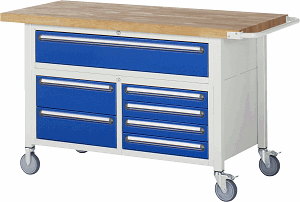 Fahrbare Werkbank Modell 8921, B 1500xT 700xH 920-1080mm, Buche-Massiv-Platte 40mm