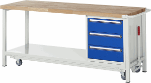 Werkbank mit absenkbarem Fahrgestell Modell 8157, B 2000xT 700xH 880mm, Buche-Massiv-Platte 40mm