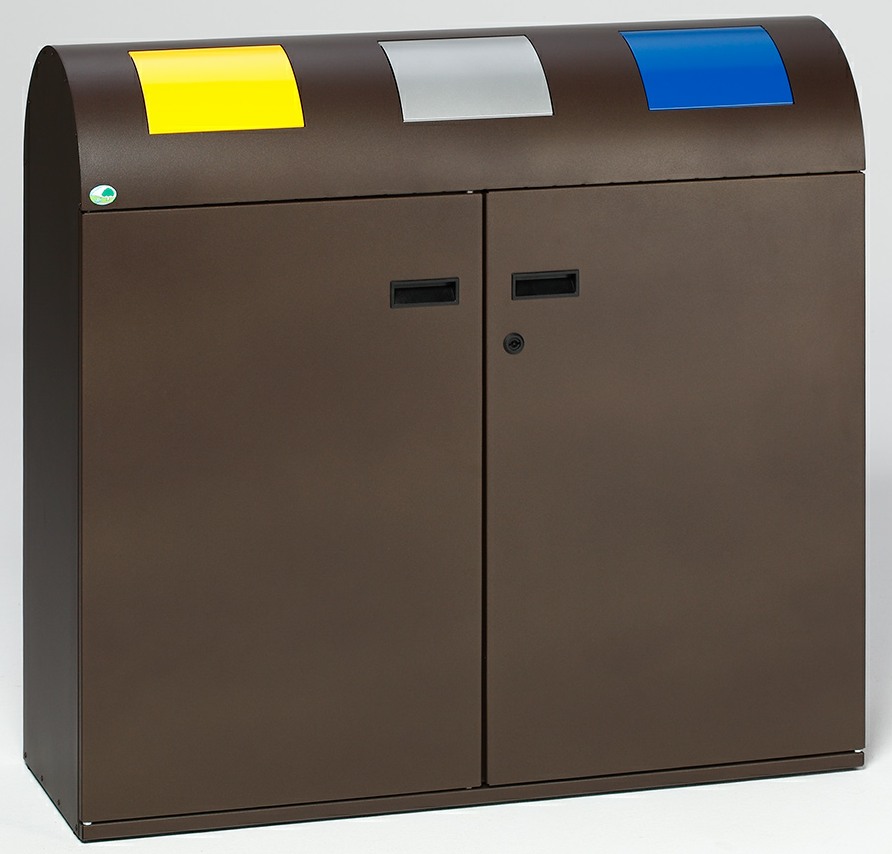 Wertstoffsammelstation WS 100 R Korpus deepbraun, Einwurfklappen gelb, silber, blau
