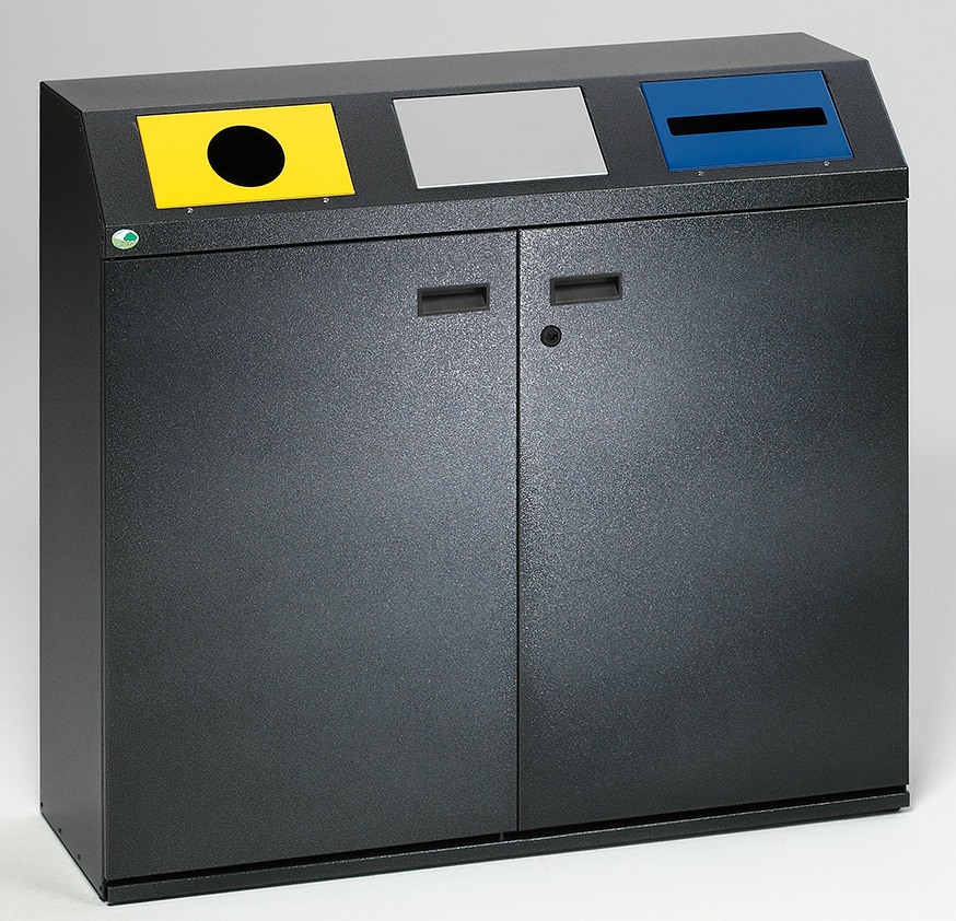 Wertstoffsammelstation WS 97 Korpus antik-silber, runde Öffnung gelb, Klappe silber, Schlitz blau