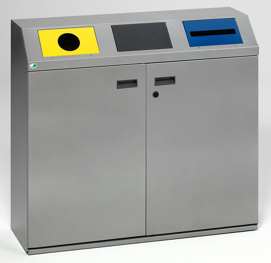 Wertstoffsammelstation WS 97 Korpus silber, runde Öffnung gelb, Klappe schwarzgrau, Schlitz blau