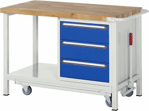 Werkbank mit absenkbarem Fahrgestell Modell 8157, B 1250xT 700xH 880mm, Buche-Massiv-Platte 40mm