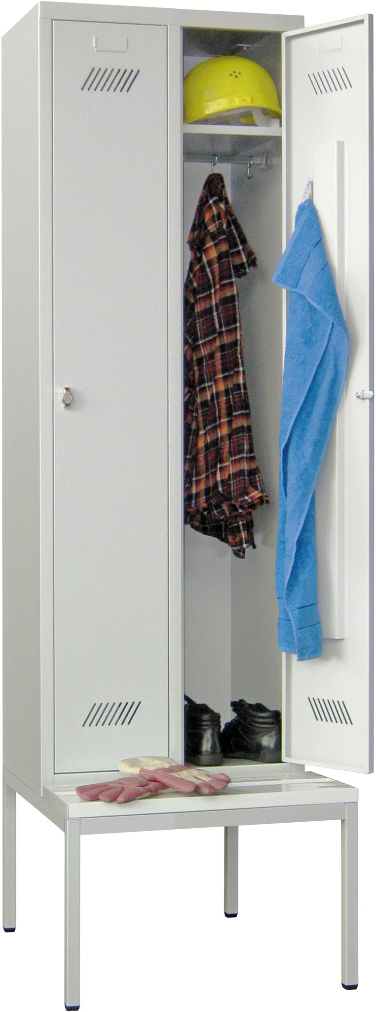 Garderobenschrank 2 Abteile mit je 300 mm auf untergebauter Sitzbank