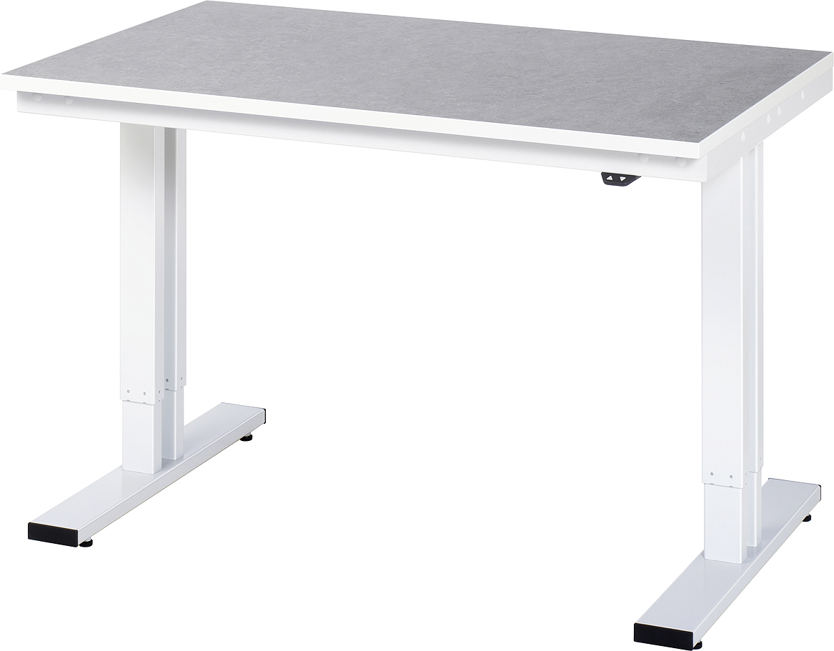 Arbeitstisch 1250x800x720-1120 mm BxTxH mit Linoleum-Platte 25 mm (2 mm Linoleumbelag)