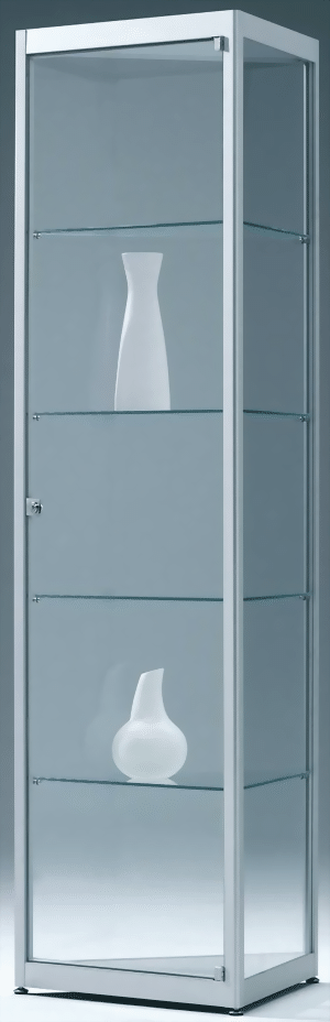 Dreieckvitrine 60° gleichschenklig mit Drehtüre, 3-seitige ESG-Verglasung, eckige Profile