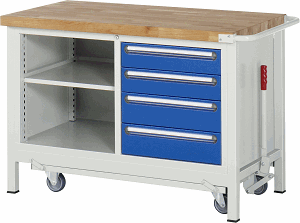 Werkbank mit absenkbarem Fahrgestell Modell 8463, B 1250xT 700xH 880mm, Buche-Massiv-Platte 40mm
