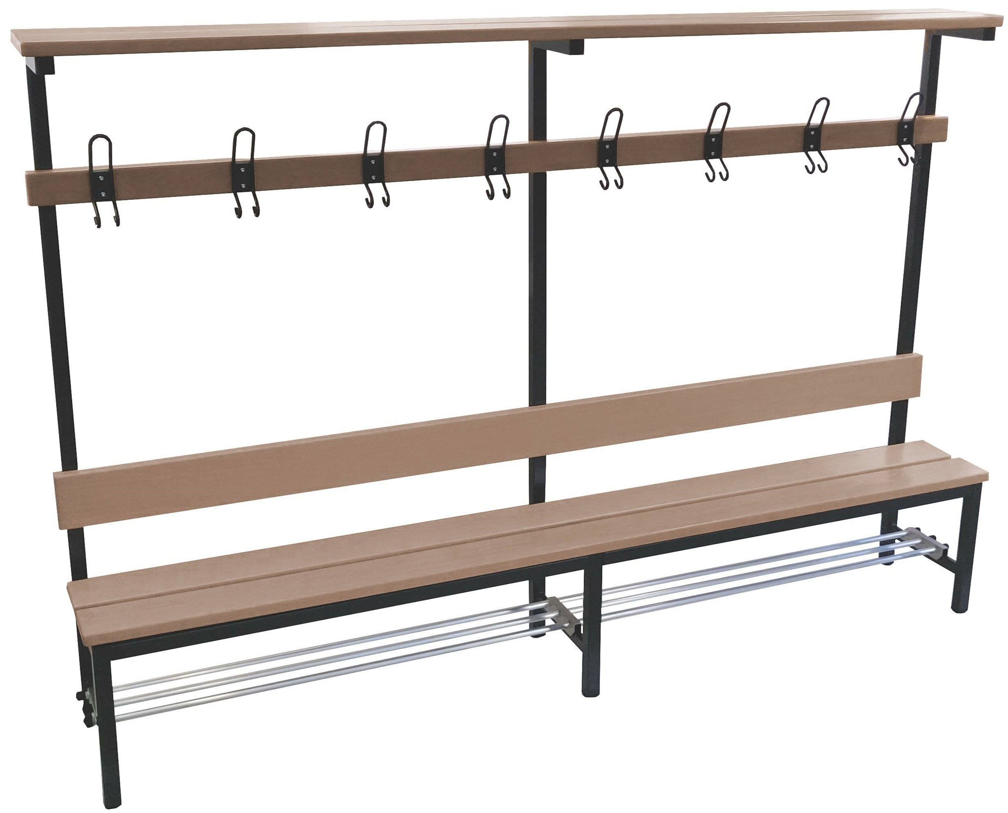 Sitzbank Länge 1500 mm mit Effektenablage und aufklappbarem Schuhrost mit Eichenlatten