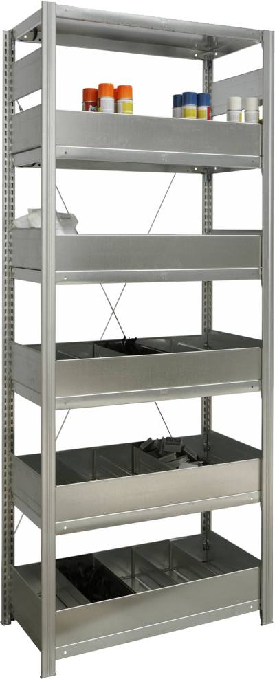 Kleinteilgrundregal mit Schüttensets Breite 875 mm