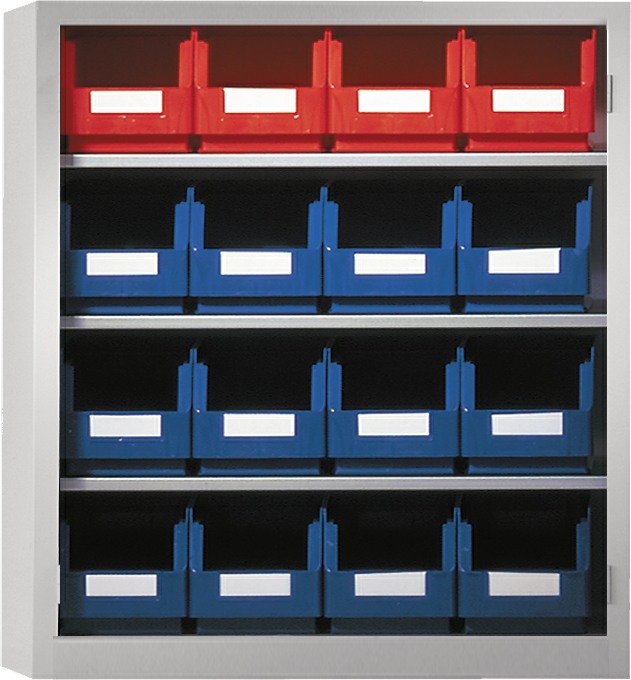 Ordnungsschrank mit Lagersichtkästen, 780x690x285 mm HxBxT, Modell 12, RAL 7035 lichtgrau