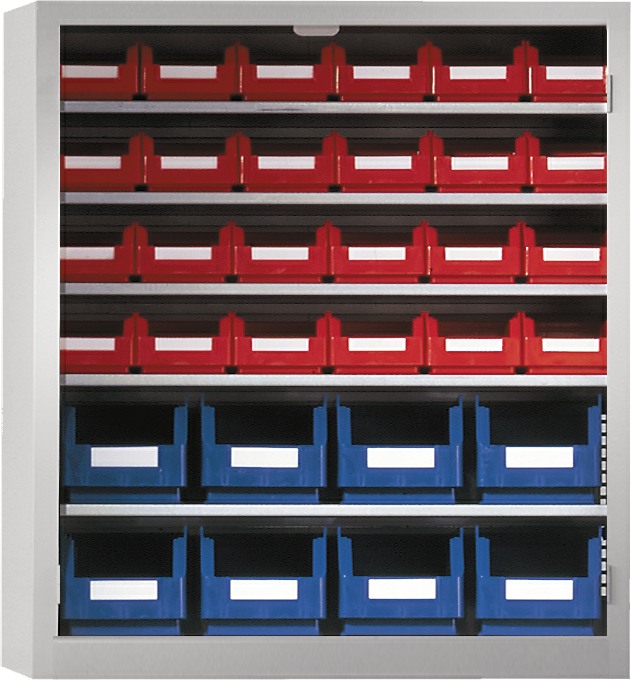 Ordnungsschrank mit Lagersichtkästen, 780x690x285 mm HxBxT, Modell 13, RAL 7035 lichtgrau