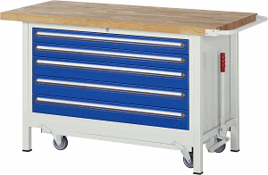 Werkbank mit absenkbarem Fahrgestell Modell 8371, B 1500xT 700xH 880mm, Buche-Massiv-Platte 40mm
