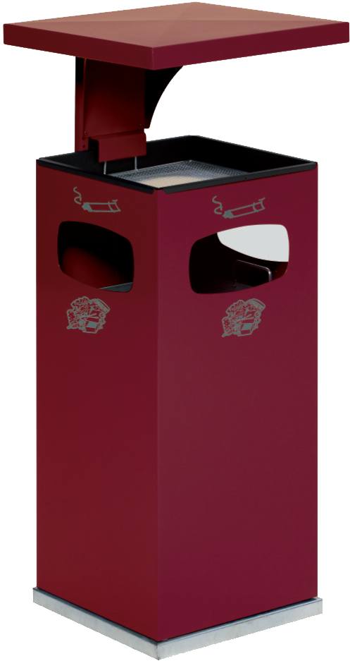 Abfallbehälter/Ascher purpurrot RAL 3004, Modell B42 mit Dach