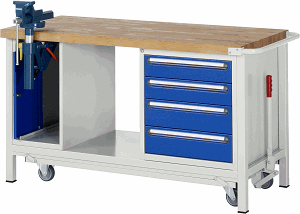 Werkbank mit absenkbarem Fahrgestell Modell 8185, B 1500xT 700xH 880mm, Buche-Massiv-Platte 40mm
