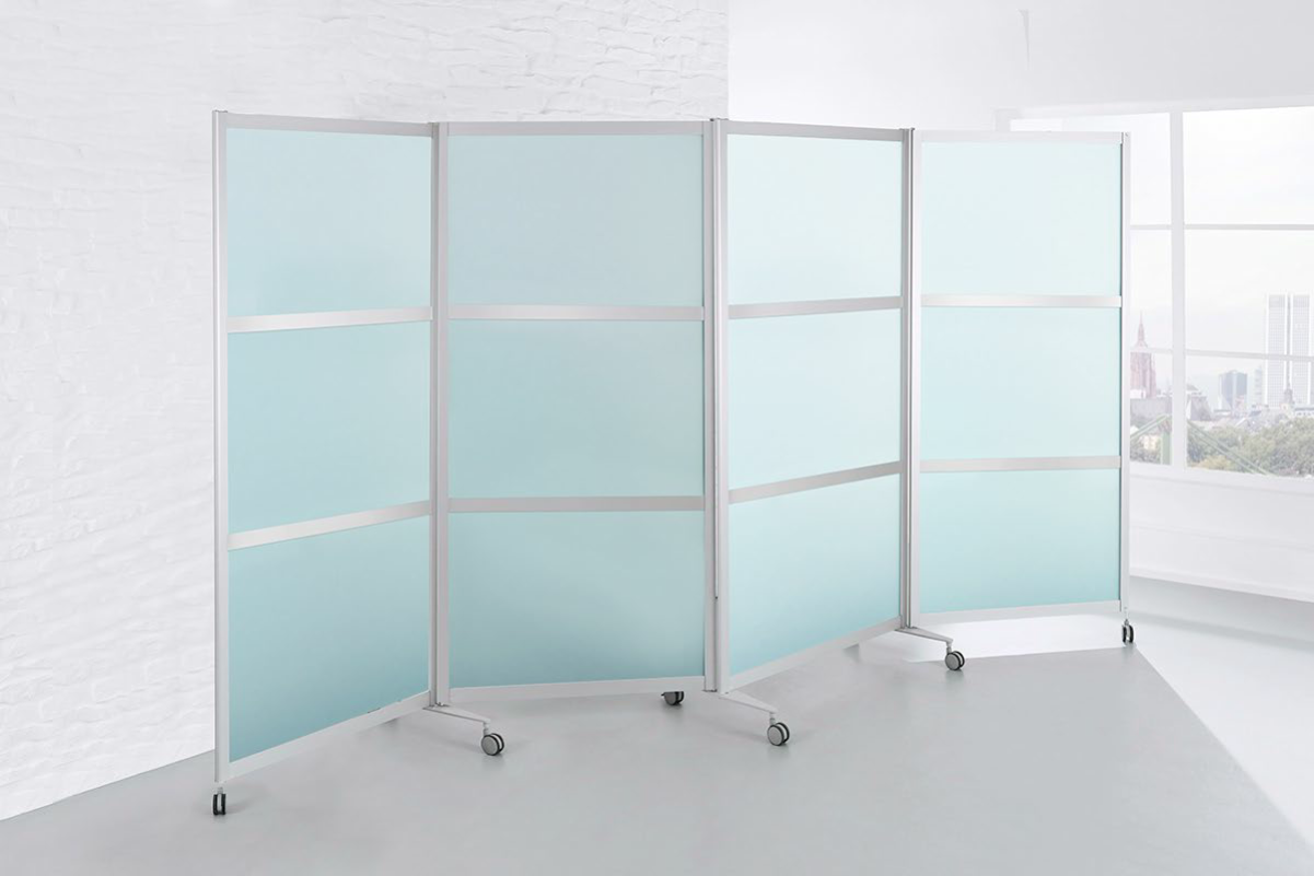 Mobile Faltstellwand B1, fahrbar, ESG-Klarglas SATINIERT