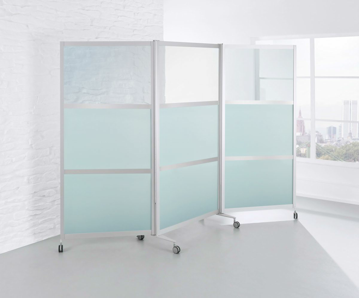 Mobile Faltstellwand B1, fahrbar, ESG-Glas 2/3 satiniert / 1/3 ESG-Klarglas