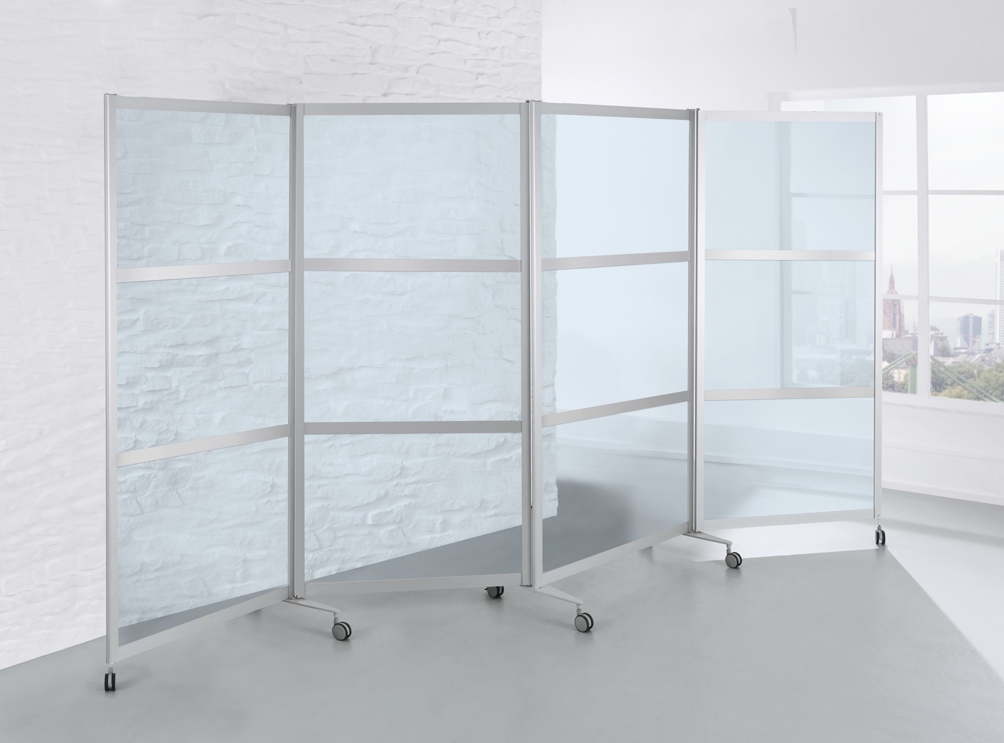 Mobile Faltstellwand B1, fahrbar, ESG-Klarglas 3-teilig