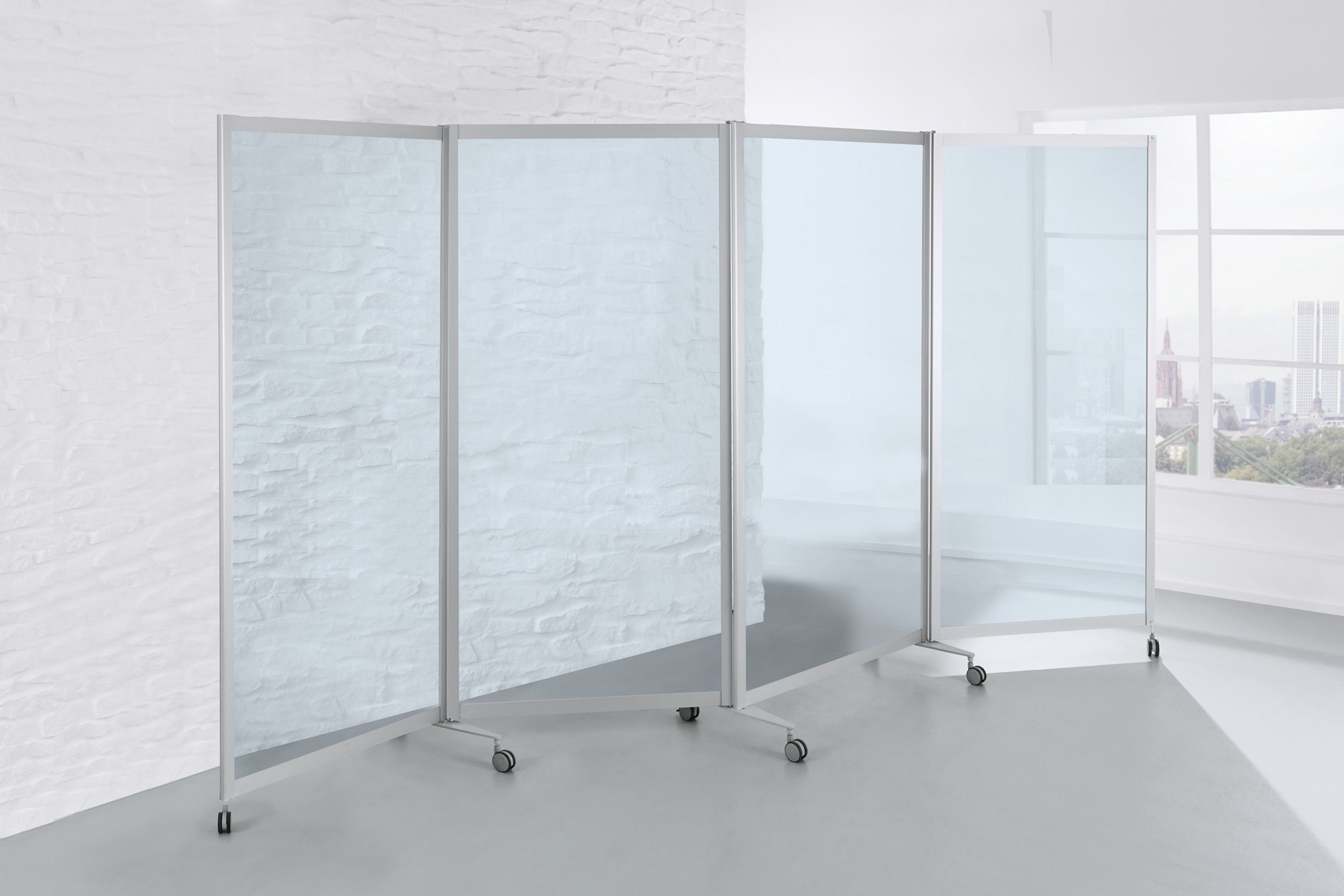 Mobile Faltstellwand B1, fahrbar, ESG-Klarglas VOLLVERGLAST 