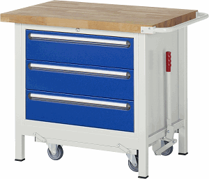 Werkbank mit absenkbarem Fahrgestell Modell 8257, B 1000xT 700xH 880mm, Buche-Massiv-Platte 40mm