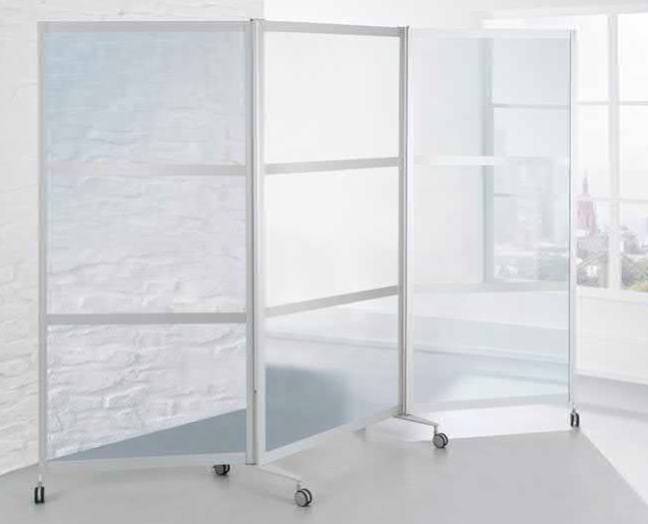Mobile Faltstellwand B1, fahrbar, ESG-Klarglas 3-teilig