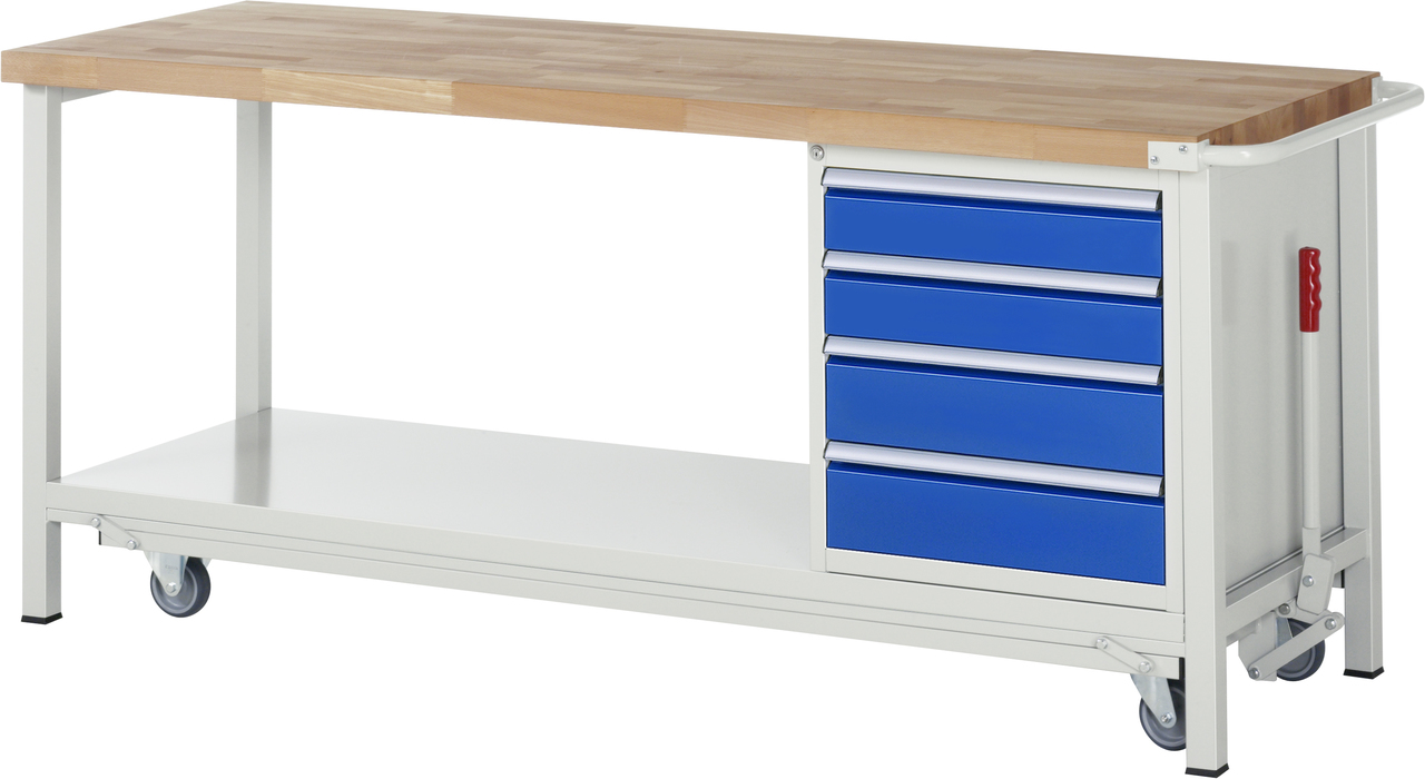 Werkbank mit absenkbarem Fahrgestell Modell 8162, B 2000xT 700xH 880mm, Buche-Massiv-Platte 40mm