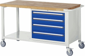 Fahrbare Werkbank Modell 8262, B 1500xT 700xH 880-1080mm, Buche-Massiv-Platte 40mm