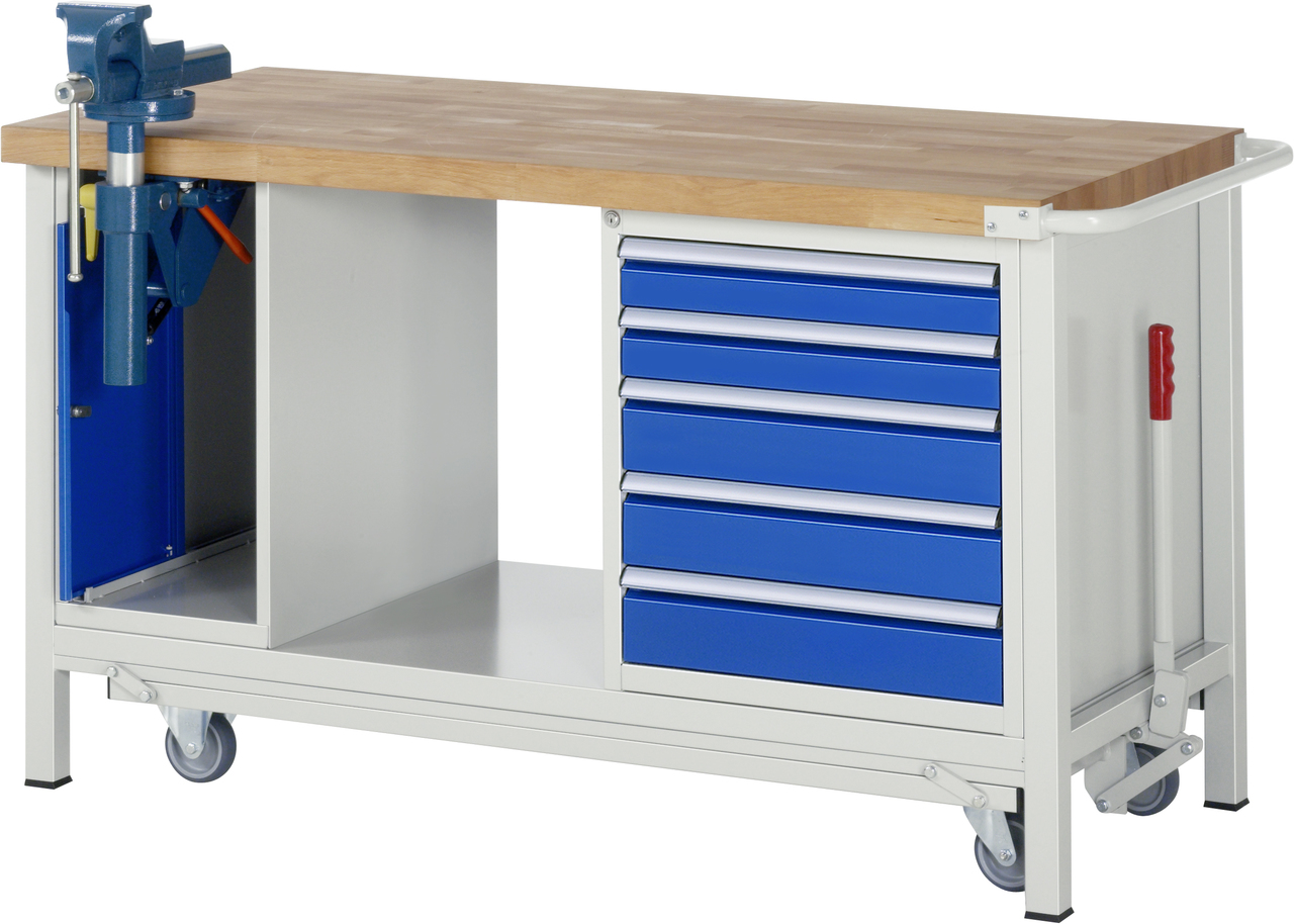 Werkbank mit absenkbarem Fahrgestell Modell 8187, B 1500xT 700xH 880mm, Buche-Massiv-Platte 40mm