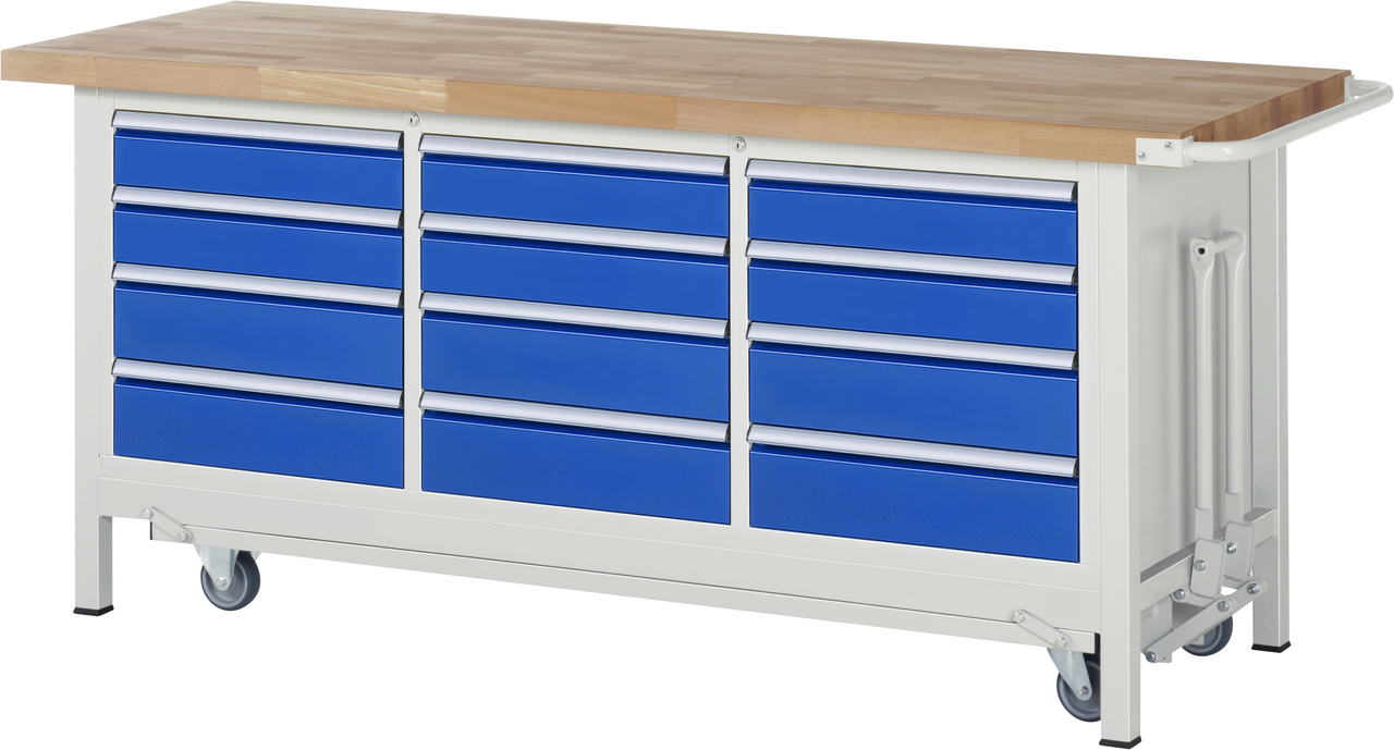 Werkbank mit absenkbarem Fahrgestell Modell 8579, B 2000xT 700xH 880mm, Buche-Massiv-Platte 40mm