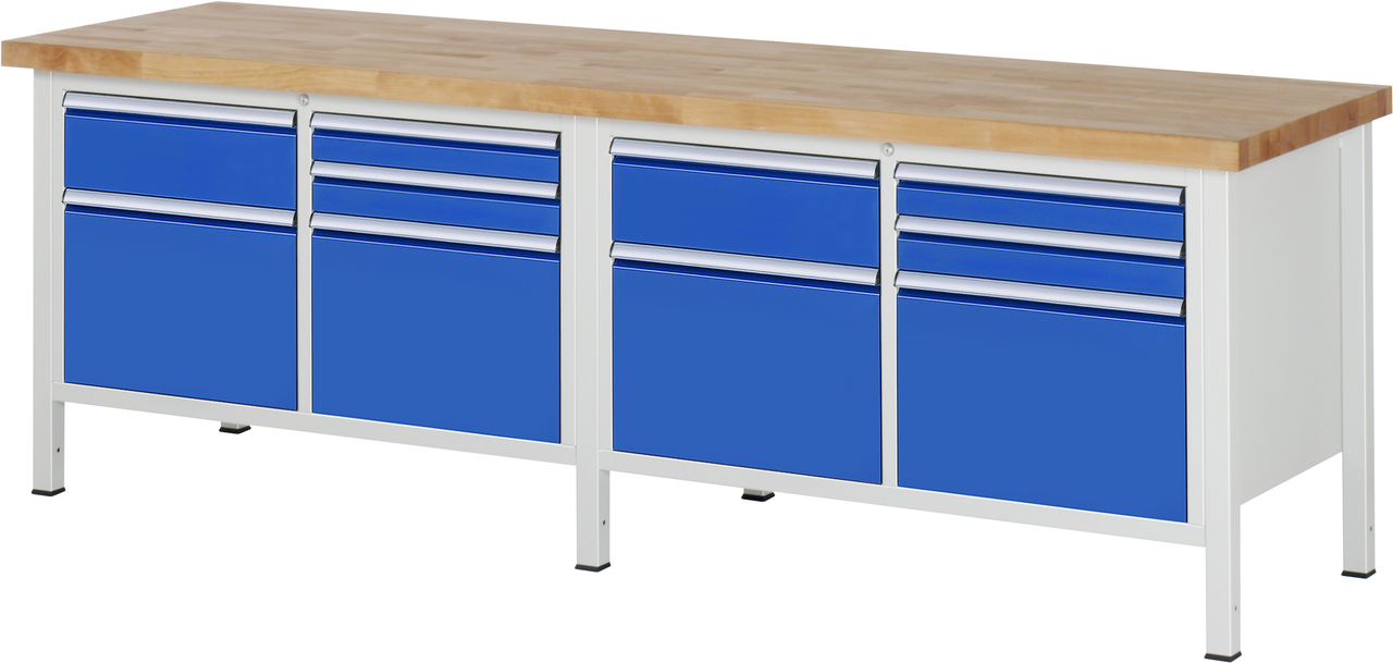 Werkbank Modell 8472, B 2500xT 700xH 840-1040mm, Buche-Massiv-Platte 40mm